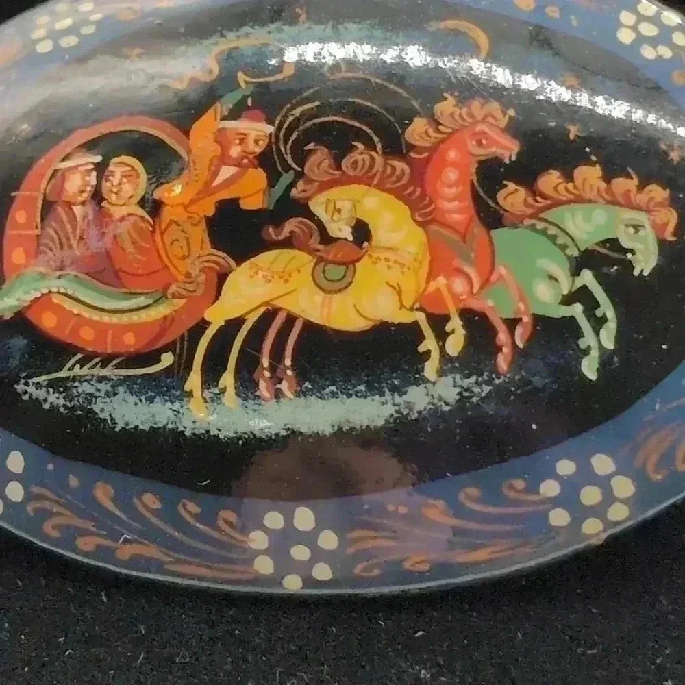 Russian Wooden Brooch Hand Painted Horses with Carriage signed